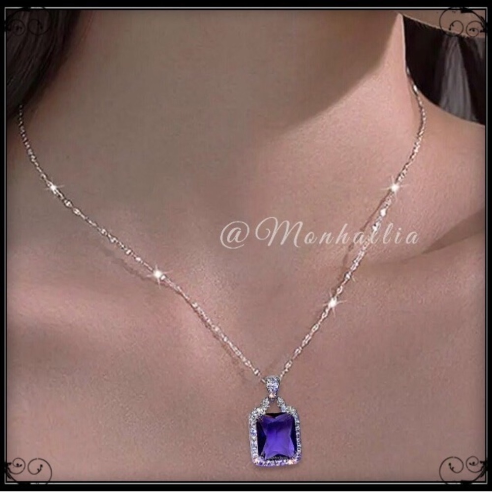 Clearance! NEW PURPLE AMETHYST SIMULATED DIAMOND PAVE NECKLACE - Picture 3 of 5